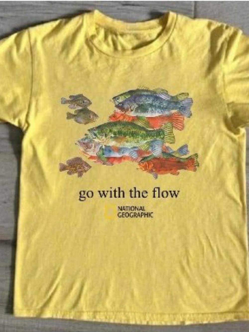 Gildan Yellow Short Sleeve Tee with Colorful Fish Graphic
